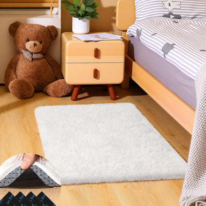 Mhyup 2x3 Cream White Rugs for Bedroom Living Room, Fluffy Small Area Rug Soft Shag Carpet for Kids Boys and Girls Room with 4 Rugs Non-Slip Stickers Dorm Home Decor (2ft x 3ft)