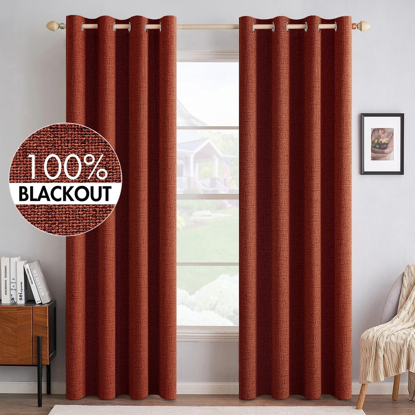 MIULEE Blackout Linen Curtains - Thermal Insulated Burnt Orange Drapes for Bedroom | 52 x 72 Inch (2 Panels)