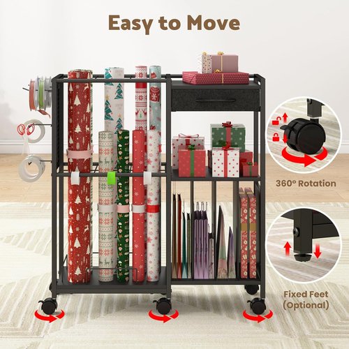 Kikihouse Wrapping Paper Storage Cart - Rolling Gift Wrap Organizer with 12 Slap Bands & Hooks | Black