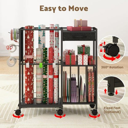 Kikihouse Wrapping Paper Storage Cart - Rolling Gift Wrap Organizer with 12 Slap Bands & Hooks | Black