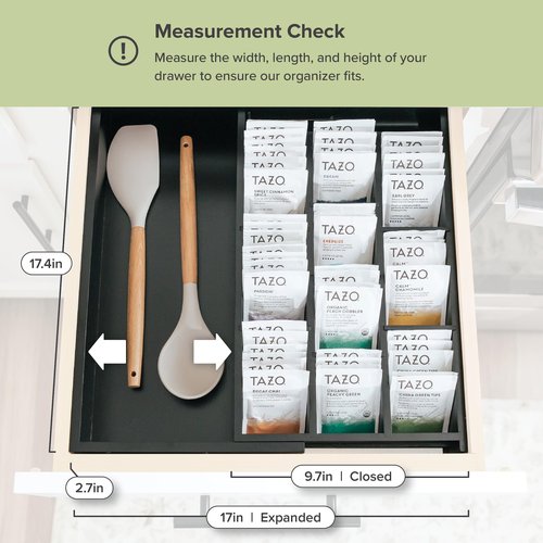 KitchenEdge Tea Bag and Coffee Pod Kitchen Drawer Organizer, Expandable 9.7 to 17 Inches, 10 Storage Compartments, Adjustable Wall Inserts, Non-Slip Feet, Food-Safe Black Finish, 100% Bamboo Wood