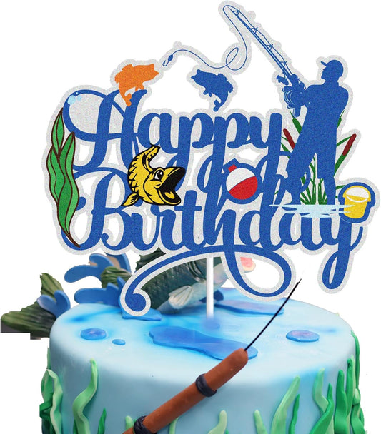 Regine Switzerland Happy Birthday Cake Topper - Blue Glitter Little Fisherman Design for Kids