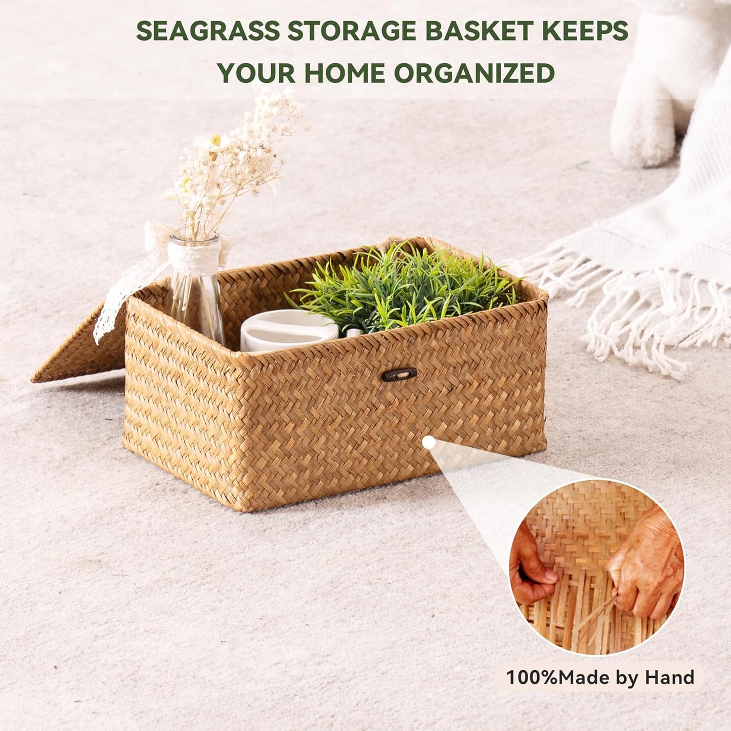 Nonam Storage Basket Set - Natural Seagrass Bins with Lids for Boho Home Organization | Set of 3 Rectangular Baskets