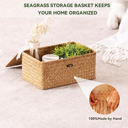 Nonam Storage Basket Set - Natural Seagrass Bins with Lids for Boho Home Organization | Set of 3 Rectangular Baskets