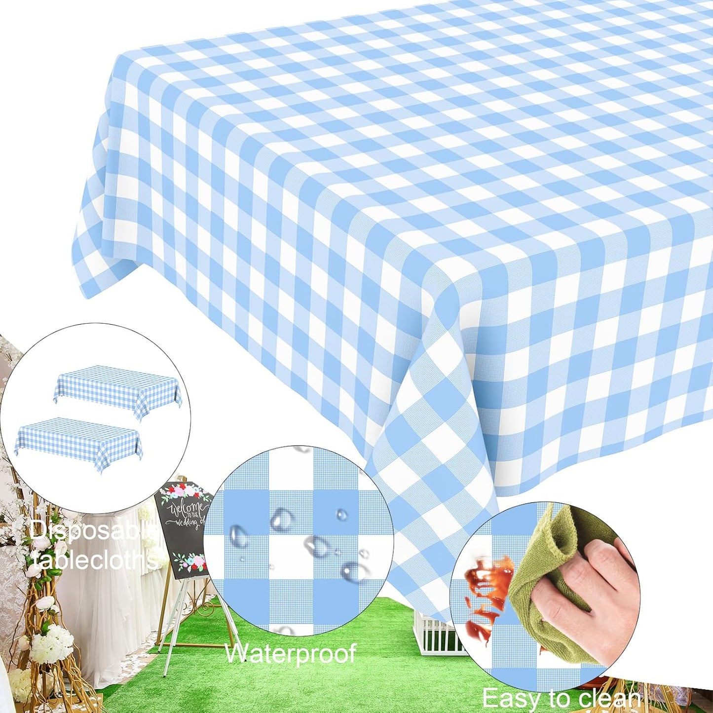 Skiennix Blue Gingham Tablecloth - Disposable Light Blue Checkered Design | Perfect for Outdoor Events (54 x 108 Inch)