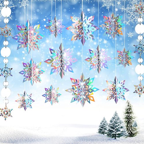 JULMELON 15Pcs Holographic Snowflakes Garland - Stunning Winter Wonderland Decorations