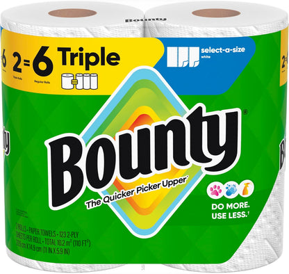 Bounty Select-A-Size Paper Towels - White, 2 Triple Rolls for Ultimate Absorbency | 6 Regular Rolls Equivalent