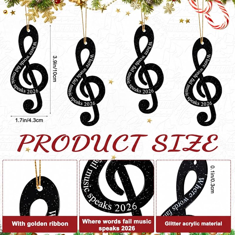 24 Pcs Treble Clef Christmas Ornaments – Black Glitter Acrylic, Includes Variation Black+24