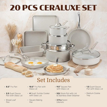 Granitestone Ceraluxe 20-Piece Nonstick Ceramic Cookware Set - Complete Kitchen Essentials, Non-Toxic & Dishwasher Safe