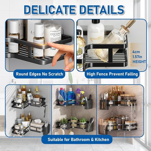Adhesive Shower Caddy,4Pack Rustproof Metals Bath Organizers With Large Capacity, No Drilling Shelves for Bathroom kitchens Storage