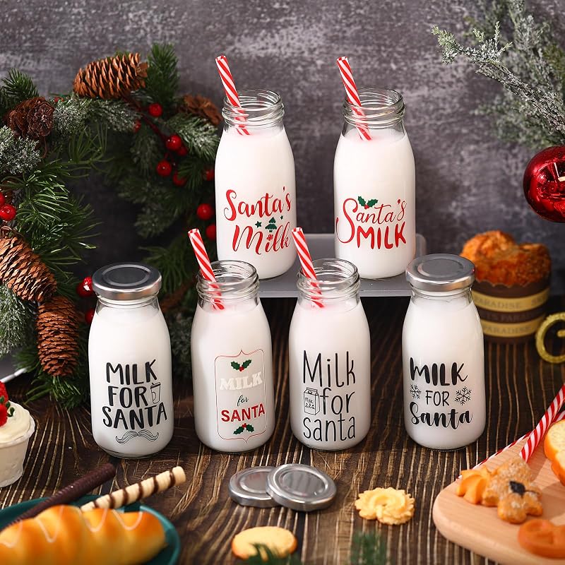 Christmas Glass Milk Bottles with Lids & Straws - 6x8 oz Set