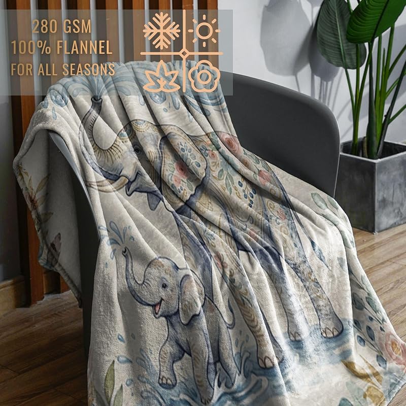 60x80 Inch Elephant Floral Throw Blanket - Soft Flannel Blanket for Women