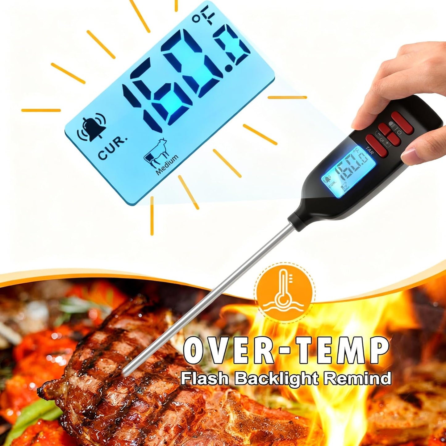 Antonki Digital Meat Thermometer - Instant Read Food Thermometer with Long Probe for Cooking & Grilling | Backlit Display Included
