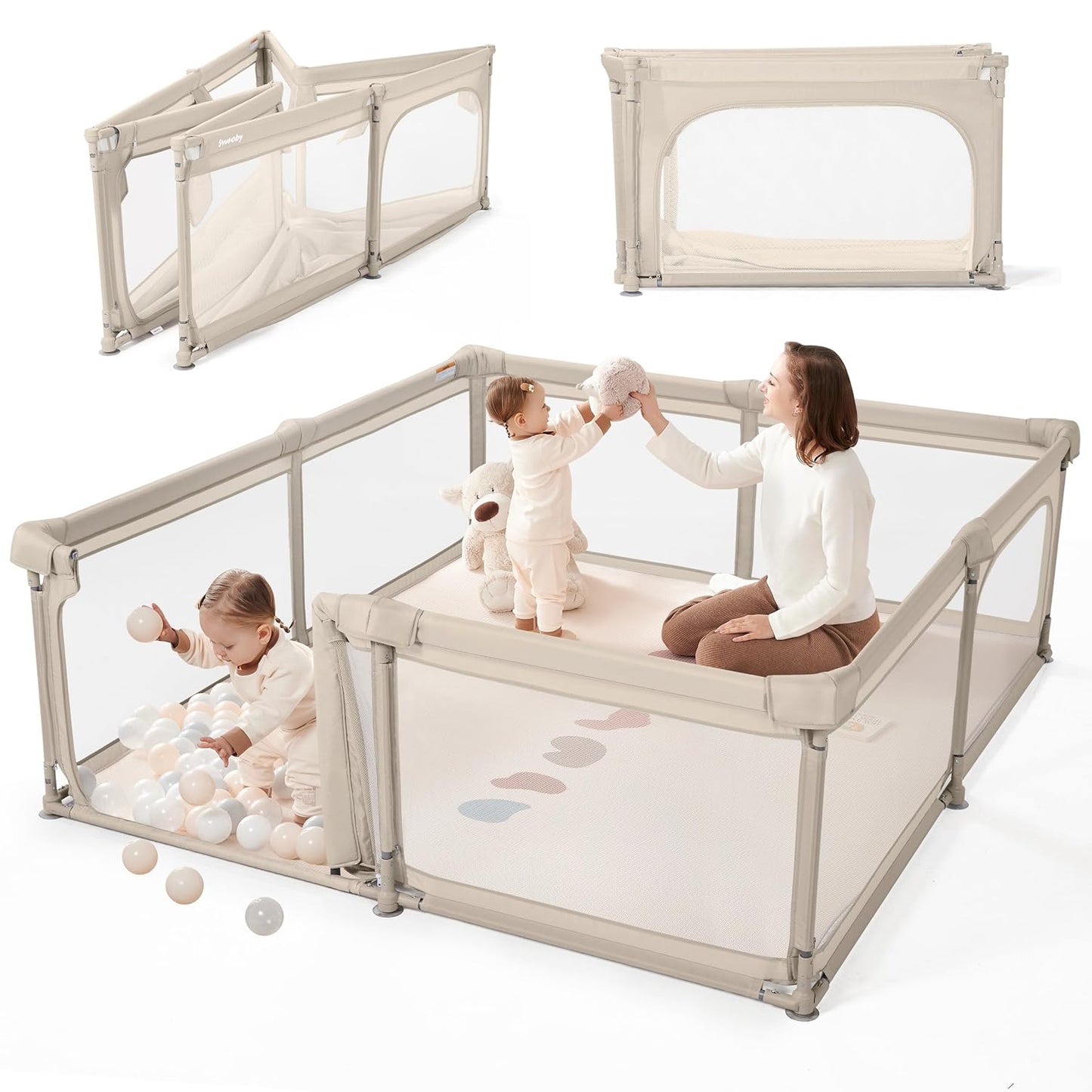 Sweeby Baby Playpen - Extra Large 79x71 Inch Foldable Playpen with Gate | Portable Indoor/Outdoor Use, Beige