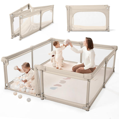 Sweeby Baby Playpen - Extra Large 79x71 Inch Foldable Playpen with Gate | Portable Indoor/Outdoor Use, Beige