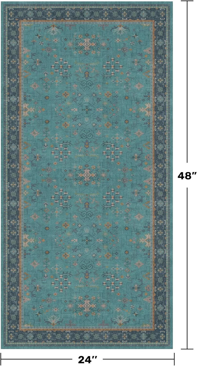 Skiennix 2x4 Washable Teal Throw Rug - Non-Slip Boho Floral Carpet for Entryway & Bathroom