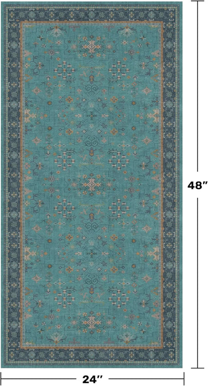 Skiennix 2x4 Washable Teal Throw Rug - Non-Slip Boho Floral Carpet for Entryway & Bathroom