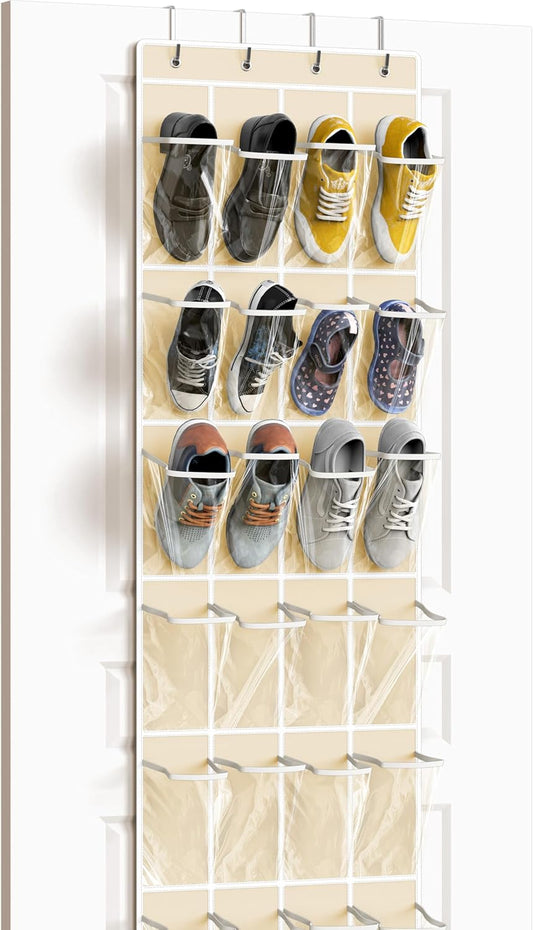 Simple Houseware 24 Pockets - Over The Door Hanging Shoe Organizer | Crystal Clear, Beige (64'' x 19'')