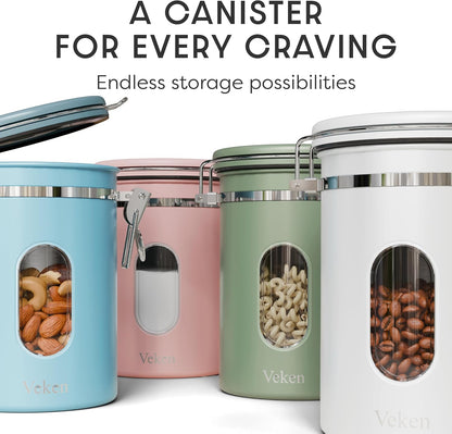 Veken Coffee Canister - Airtight Stainless Steel Container with Window | 22oz Blue for Grounds & Beans