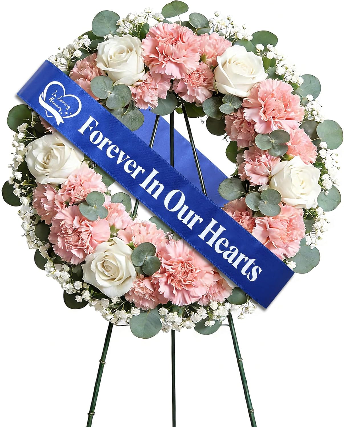 Regine Switzerland Elegant Funeral Wreath Sash - Forever in Our Hearts Memorial Ribbon (Blue)