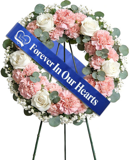 Regine Switzerland Elegant Funeral Wreath Sash - Forever in Our Hearts Memorial Ribbon (Blue)