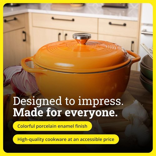 Lodge Enamel Cast Iron Dutch Oven - 6 Quart Pumpkin - Ideal for Baking, Braising & Slow Cooking - Moisture-Sealing Lid & Dual Handles