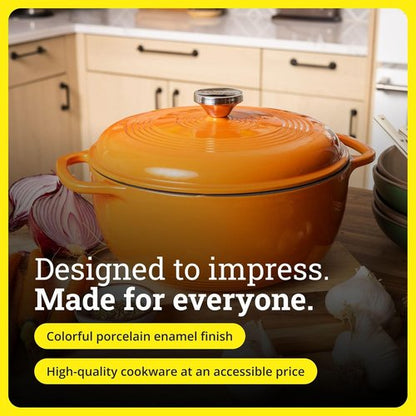 Lodge Enamel Cast Iron Dutch Oven - 6 Quart Pumpkin - Ideal for Baking, Braising & Slow Cooking - Moisture-Sealing Lid & Dual Handles