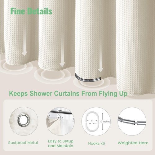 Dynamene Stall Shower Curtain and Liner Set - 36 x 72 inch Half Waffle Fabric, Narrow Waterproof Clear Liner, Heavy Duty Weighted Hotel Luxury Cloth Shower Curtains for Bathroom with 6 Hooks, Ivory