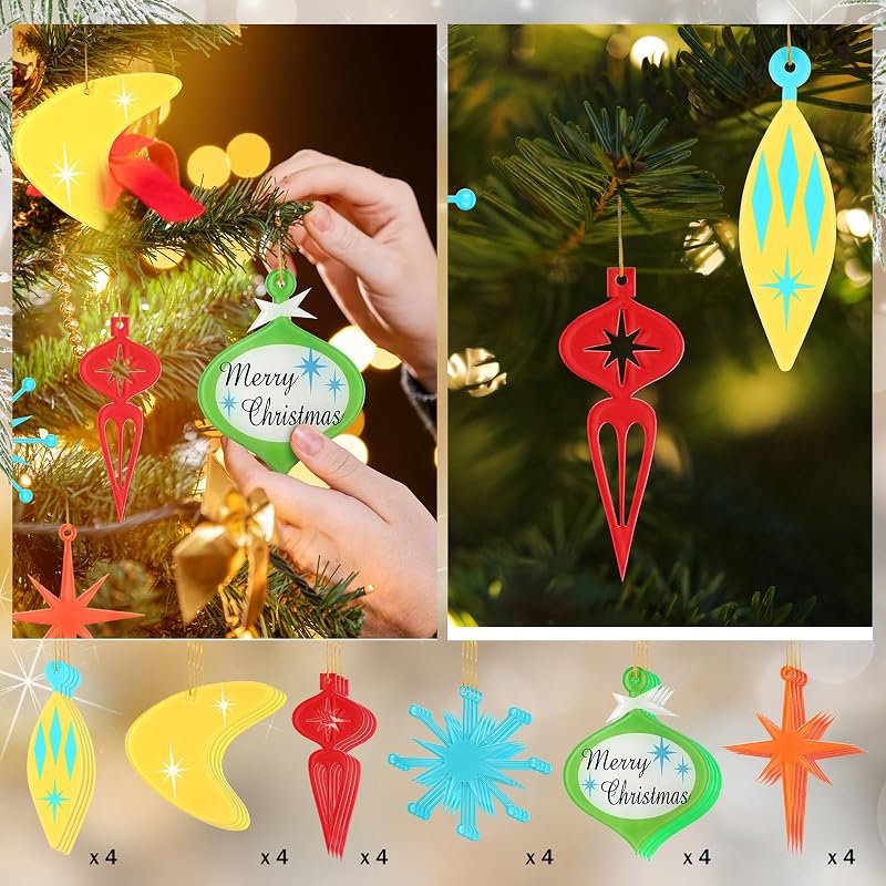 24 Pcs Mid Century Modern Christmas Ornaments - Retro Medieval Inspired Holiday Decoration Set