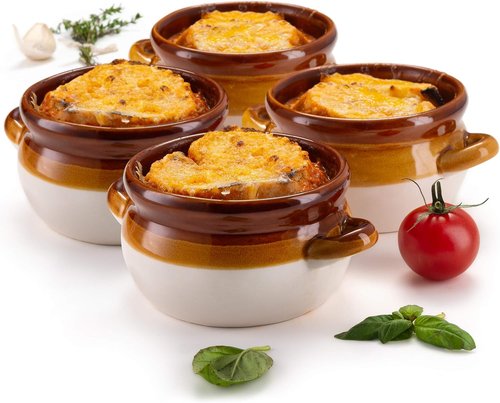 KooK French Onion Soup Bowls - Oven Safe Ceramic Crocks with Handles | Set of 4, 16oz & 18oz