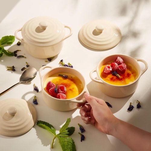 Kook Ceramic Mini Cocotte Set - Small Casserole Dishes with Lids | Oven & Microwave Safe, 12 oz, Ivory, Set of 4