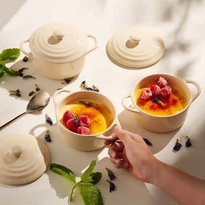 Kook Ceramic Mini Cocotte Set - Small Casserole Dishes with Lids | Oven & Microwave Safe, 12 oz, Ivory, Set of 4