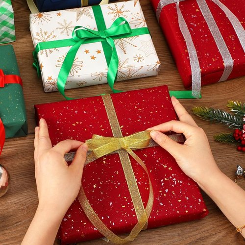 DECYOOL Christmas Ribbons - 4 Rolls of 100 Yards Metallic Glitter Satin | 10mm Wide for Gift Wrapping & Decoration