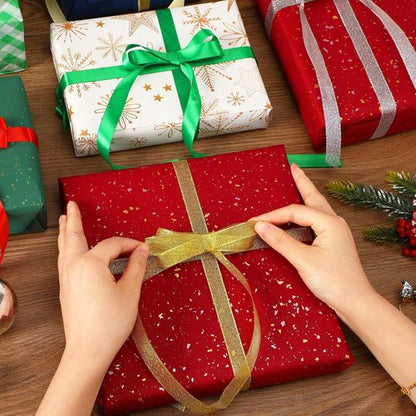 DECYOOL Christmas Ribbons - 4 Rolls of 100 Yards Metallic Glitter Satin | 10mm Wide for Gift Wrapping & Decoration