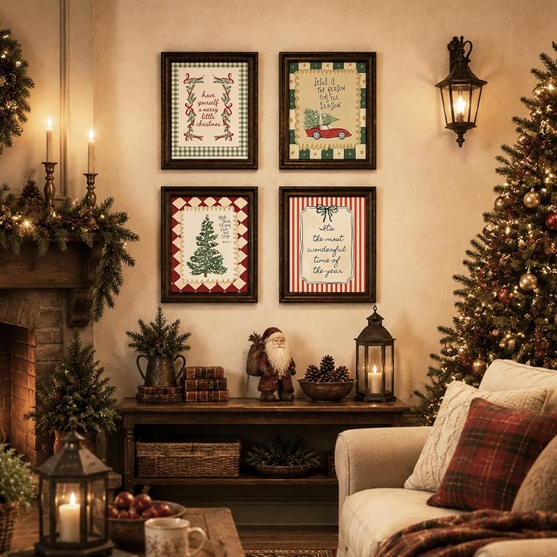 Christmas Wall Art Set - 4 Prints 8x10 in, Includes Christmas Tree1 Variation