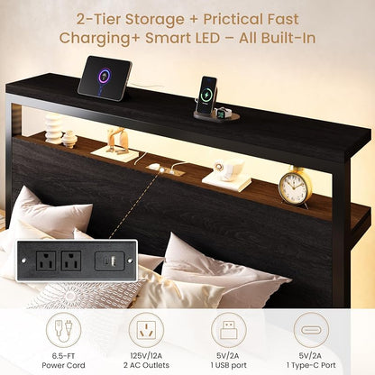 SHA CERLIN Full Bed Frame with 2-Tier LED Headboard & USB-C Charging, Black Oak