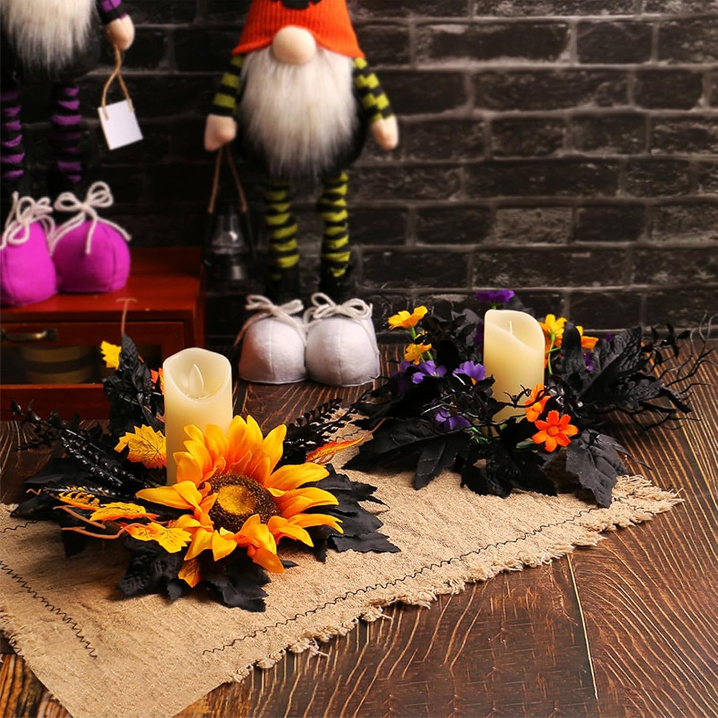 Skiennix Halloween Candle Rings - 2 Pack Artificial Leaves Wreaths for Festive Home Decor