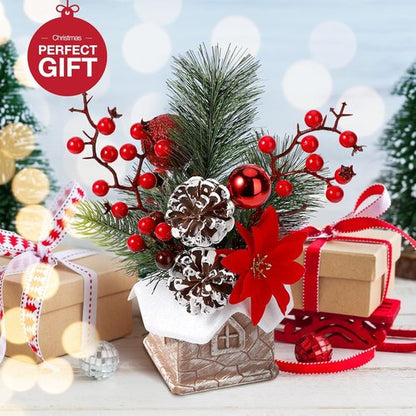 Hatisan Artificial Christmas Tree - Small Tabletop Design with Ornaments & Pine Cones | Red for Holiday Decor