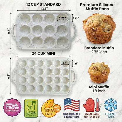 Skiennix Silicone Muffin Pan Set - Nonstick 12-Cup & 24-Cup Mini Pans | BPA-Free, Dishwasher-Safe, Cream