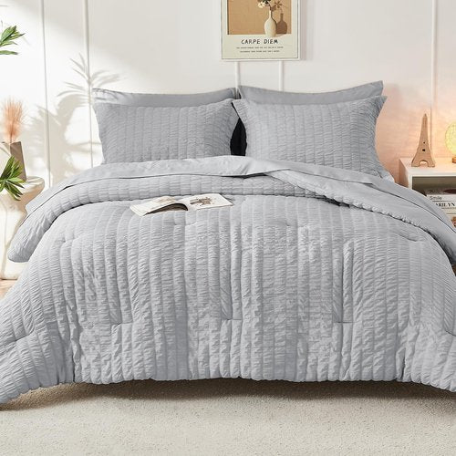 HYMOKEGE Light Grey California King Comforter Set Seersucker 7 Pieces, All Season Luxury Bed in a Bag for Bedroom, Bedding Set with Comforters, Sheets, Pillowcases & Shams