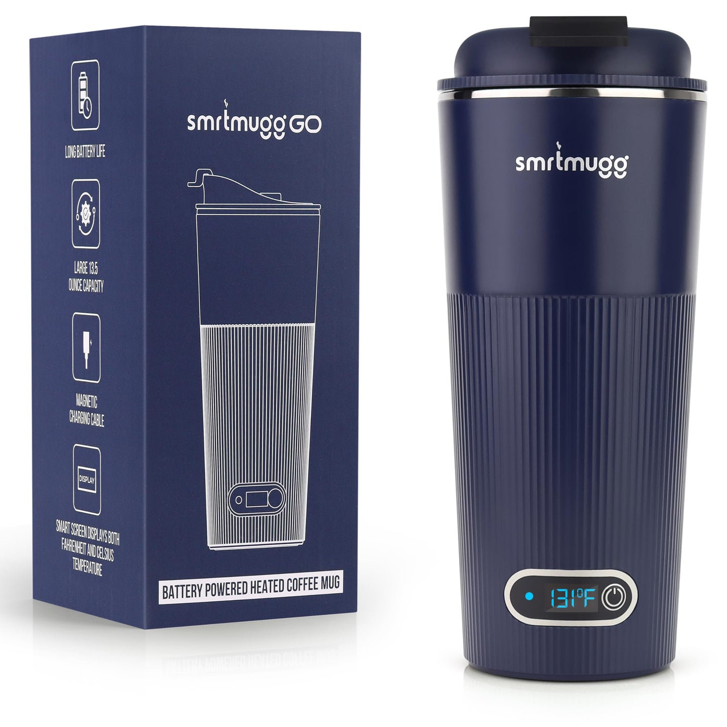 SmrtMugg GO Heated Coffee Mug, Travel Mug, 13.5 OZ. Smart Mug, Battery Powered Heated Coffee Mug, Great for Coffee and Tea, Snap on Magnetic Charging Cord, New and Improved (Navy Blue)