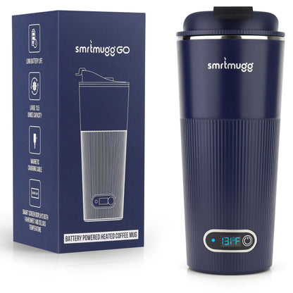 SmrtMugg GO Heated Coffee Mug, Travel Mug, 13.5 OZ. Smart Mug, Battery Powered Heated Coffee Mug, Great for Coffee and Tea, Snap on Magnetic Charging Cord, New and Improved (Navy Blue)