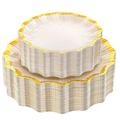 Ivory Plastic Plates with Gold Rim - 60Pcs, Disposable Tableware (Variation: Ivory)