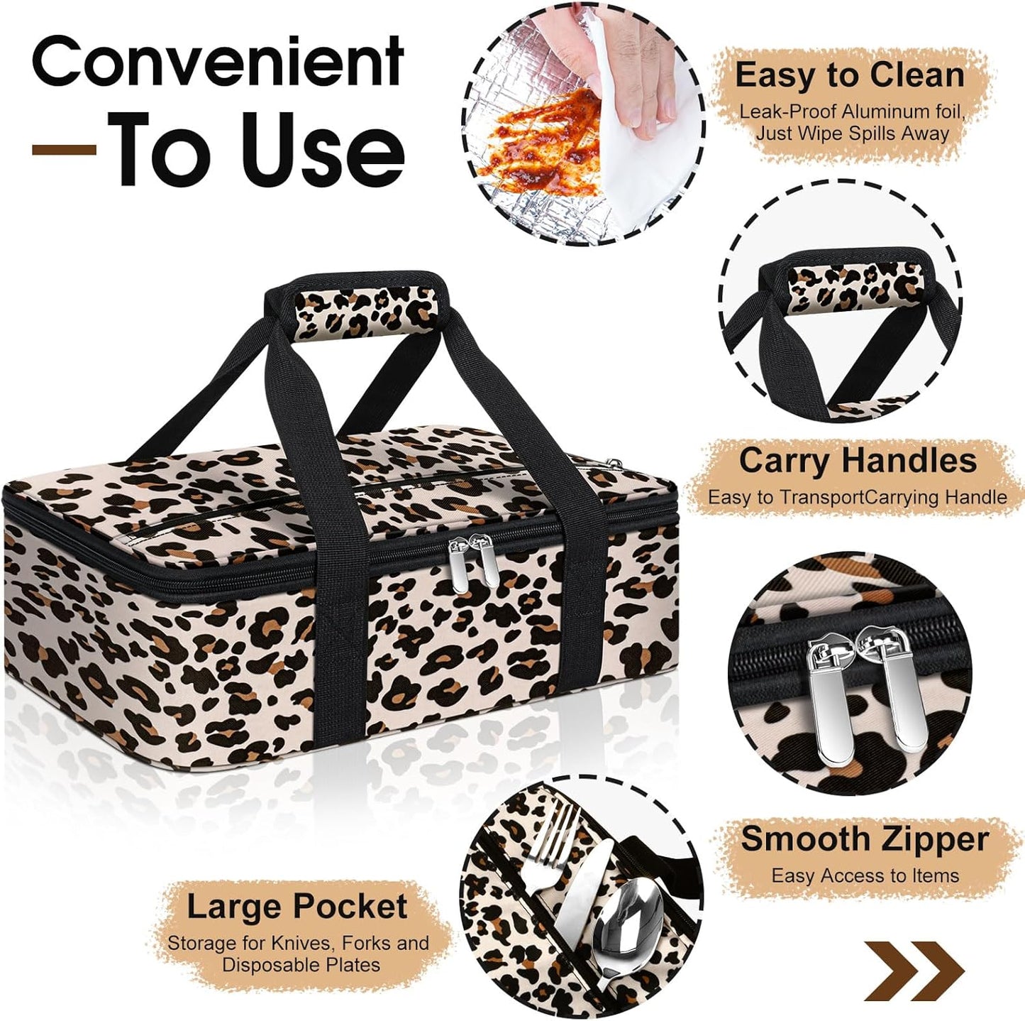 Skiennix Insulated Casserole Carrier - Portable Hot & Cold Food Tote Bag for Potluck | Fits 9" x 13" Dish - Leopard Print