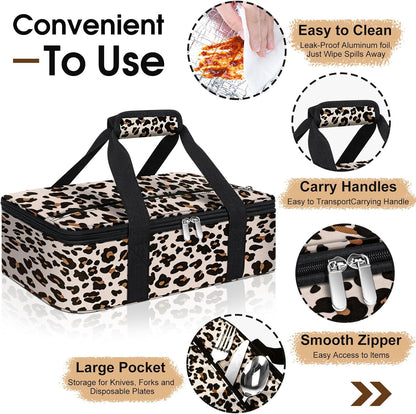 Skiennix Insulated Casserole Carrier - Portable Hot & Cold Food Tote Bag for Potluck | Fits 9" x 13" Dish - Leopard Print