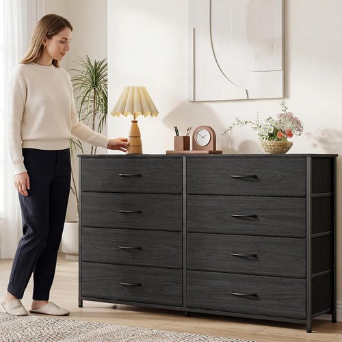 Furnulem Wide Dresser - 8 Fabric Drawers & Wood Top | TV Entertainment Center for 55'' TV (Black Oak)