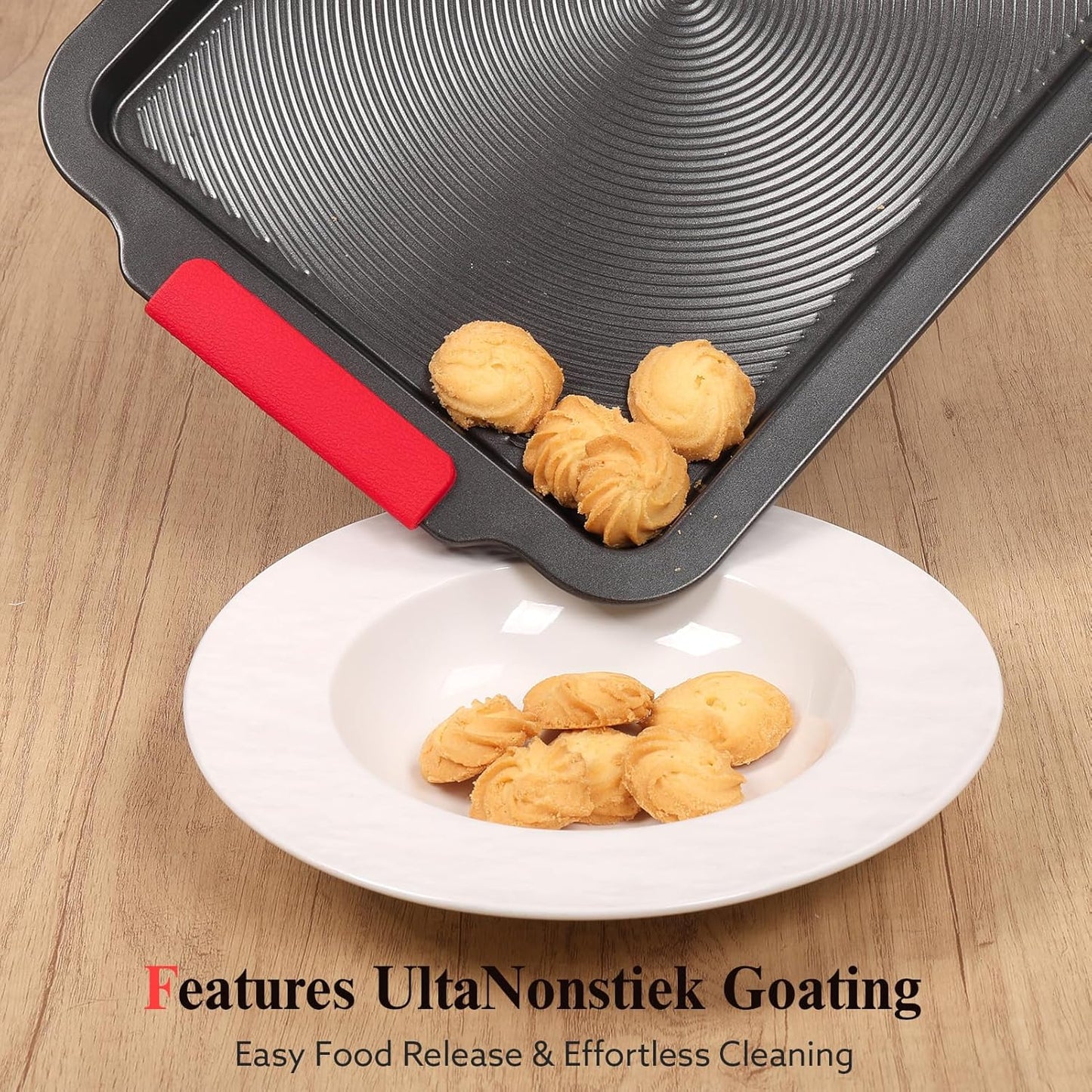 Skiennix Nonstick Baking Sheet - 16x11in Cookie Pan with Circle Grooves & Red Grips | PFAS/PTFE Free, Gray