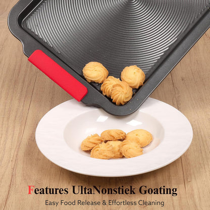 Skiennix Nonstick Baking Sheet - 16x11in Cookie Pan with Circle Grooves & Red Grips | PFAS/PTFE Free, Gray