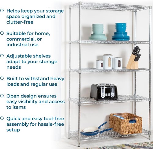 Honey-Can-Do Heavy-Duty 5-Tier Metal Storage Rack - 800 lb Capacity, Chrome Finish, 18" W x 42" L x 72" H