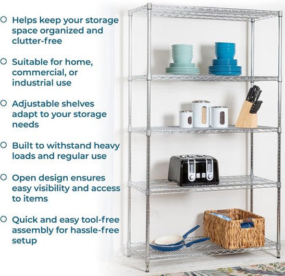 Honey-Can-Do Heavy-Duty 5-Tier Metal Storage Rack - 800 lb Capacity, Chrome Finish, 18" W x 42" L x 72" H